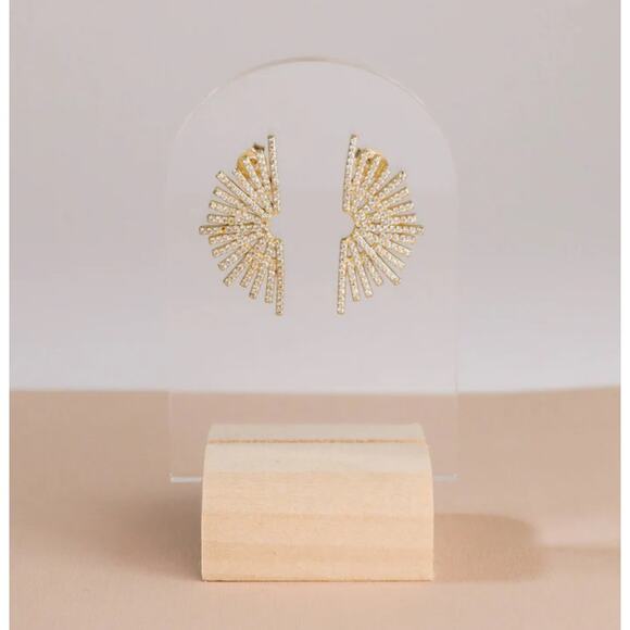NEW 18kt Gold White Handmade Starbust Sunburst CZ Pave Stone Stud Earrings - Picture 2 of 8
